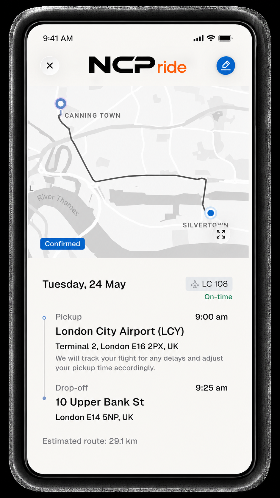 NCPride mobile app showing live ride tracking